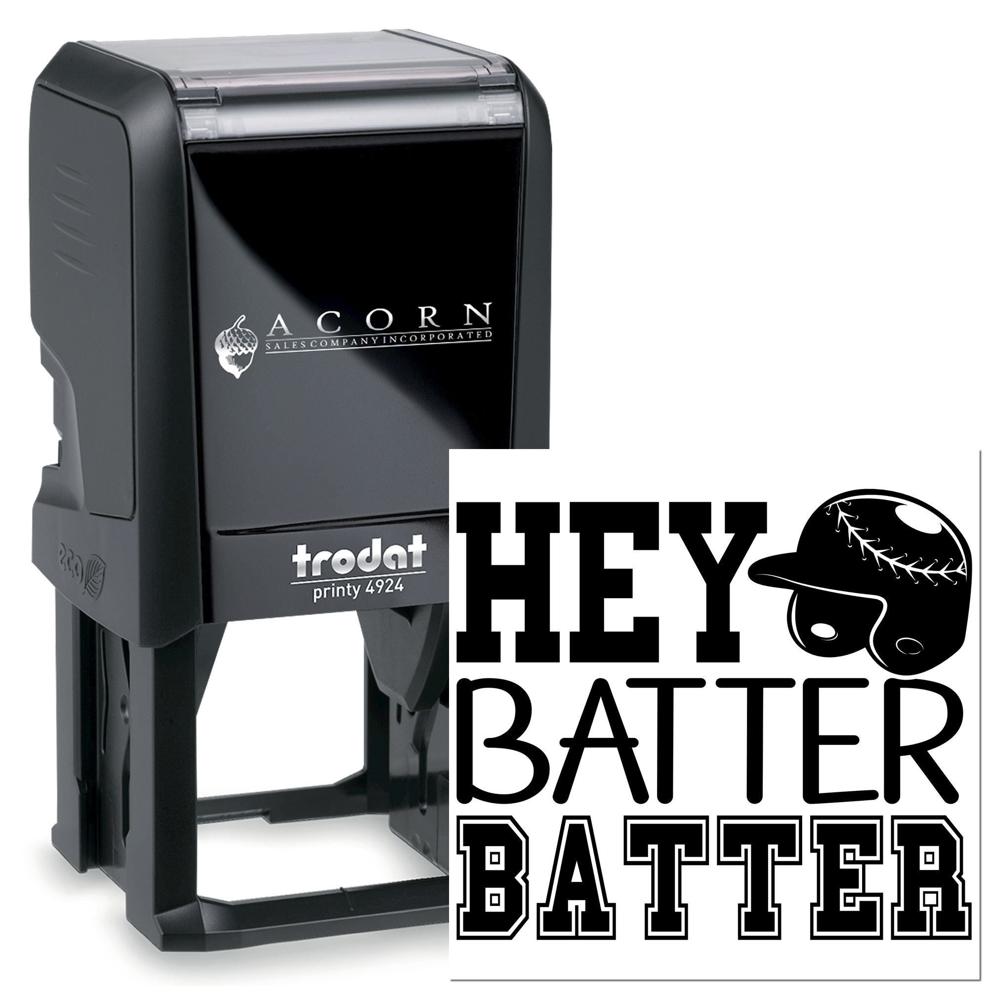 Custom self-inking rubber stamp with Hey Batter baseball batter design for sports team promotions and game-day use.