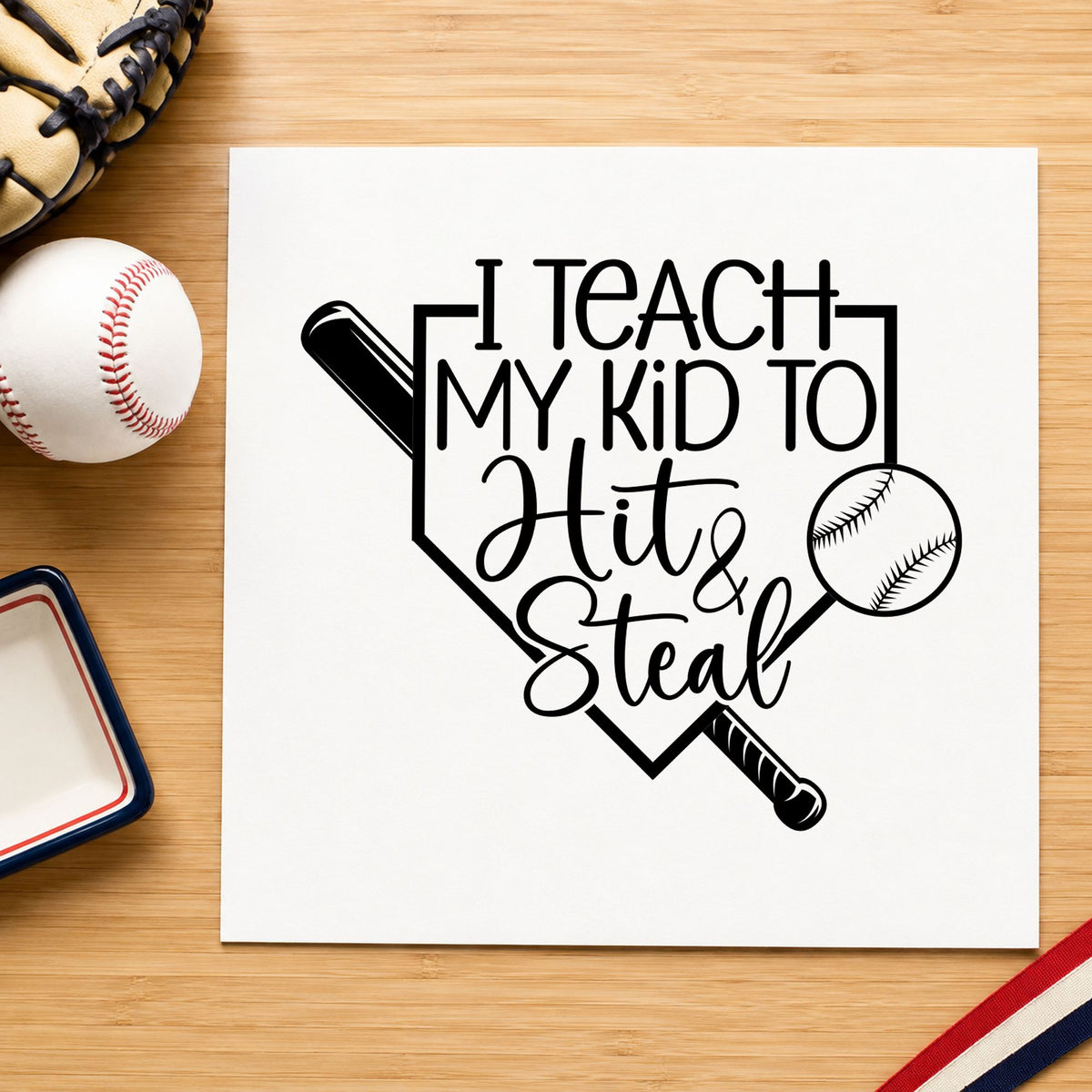 Hit and Steal Home Plate craft stamp imprint in black ink on a handmade project, one idea being scrapbook caption pages.