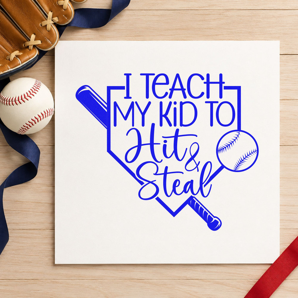Hit and Steal Home Plate craft stamp in blue ink on cardstock, an easy option for team banquet awards.