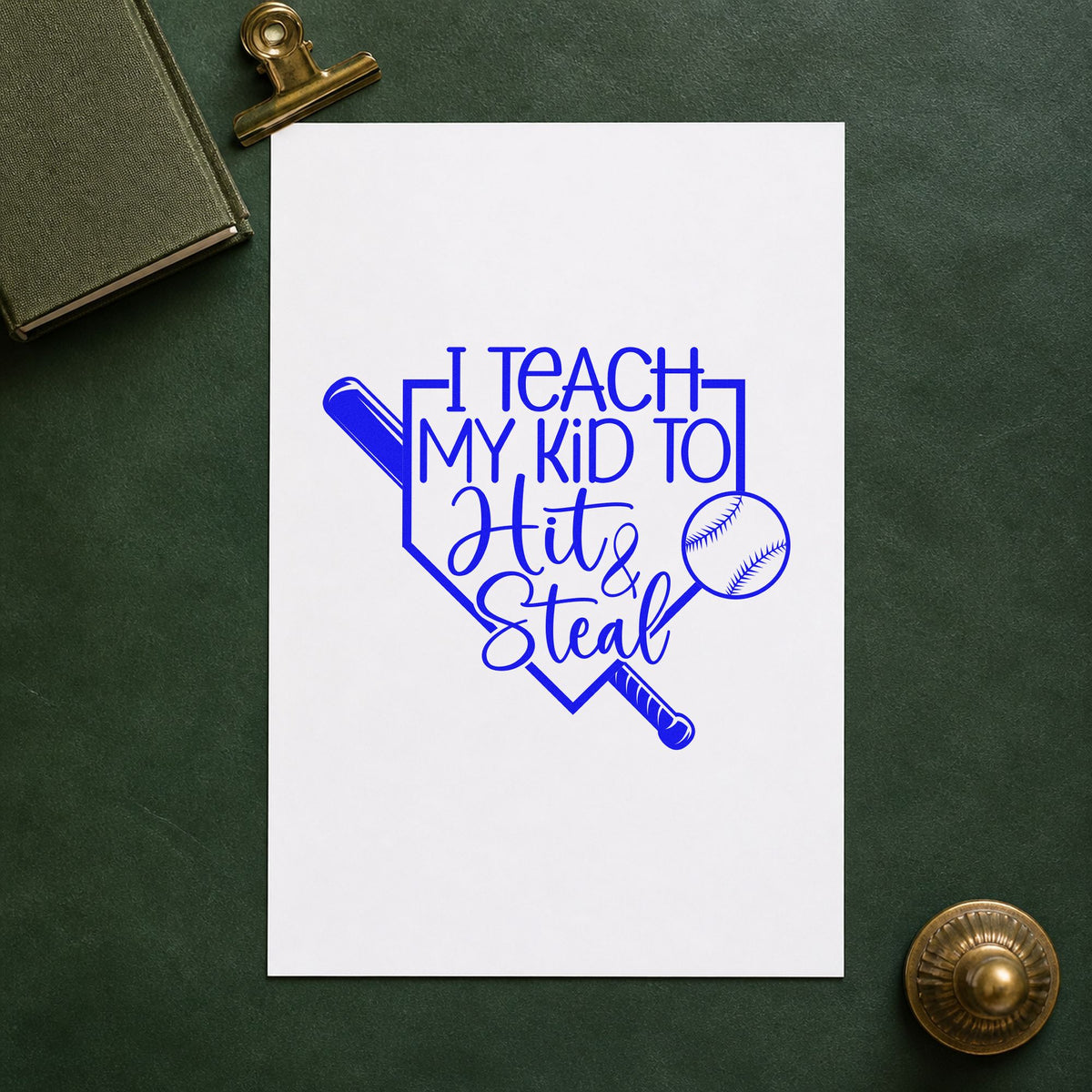 Hit and Steal Home Plate craft stamp imprinted in blue ink on paper, a design suited to tumbler gift cards.