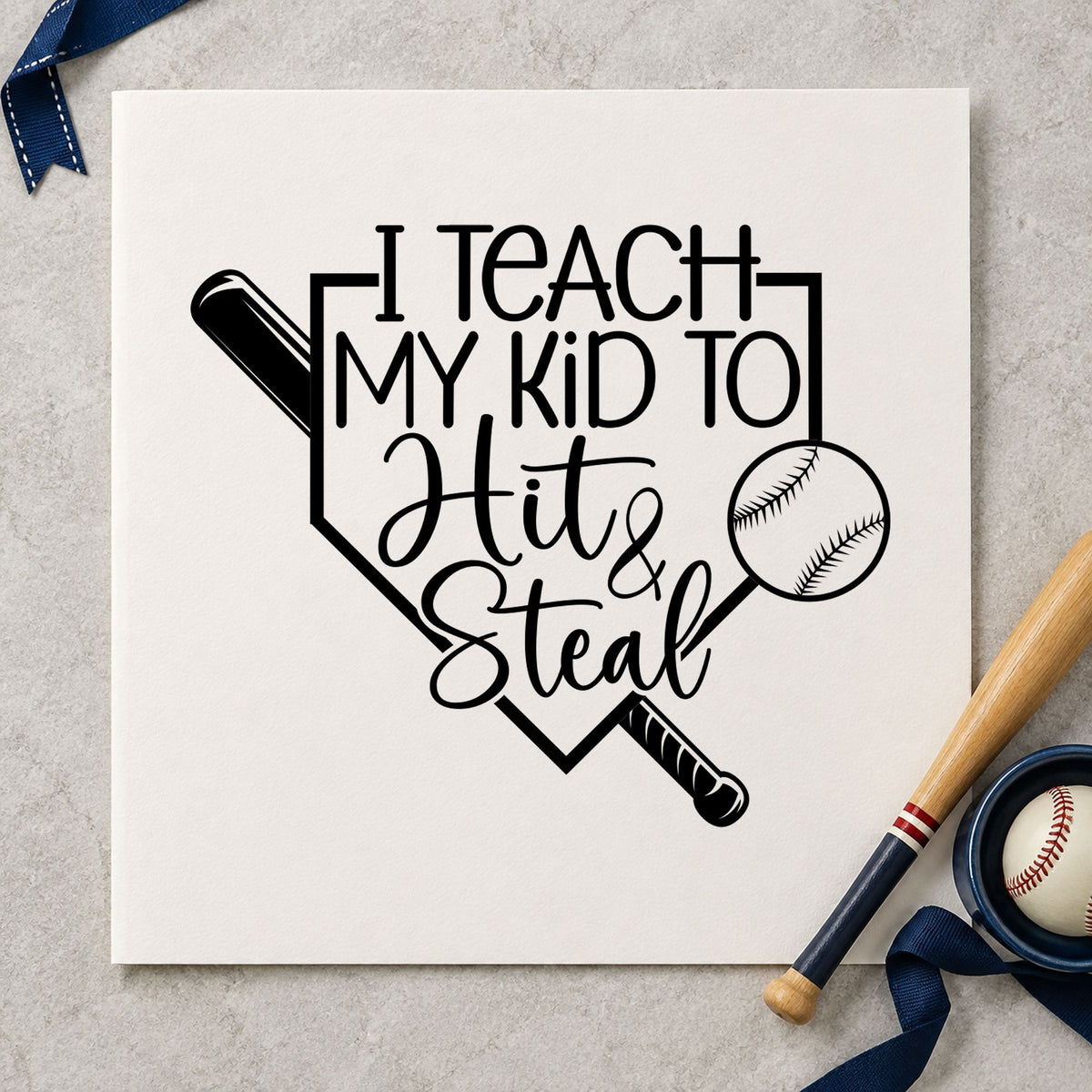 Hit and Steal Home Plate rubber stamp printed in black ink, ready for funny father's day cards and similar paper crafts.