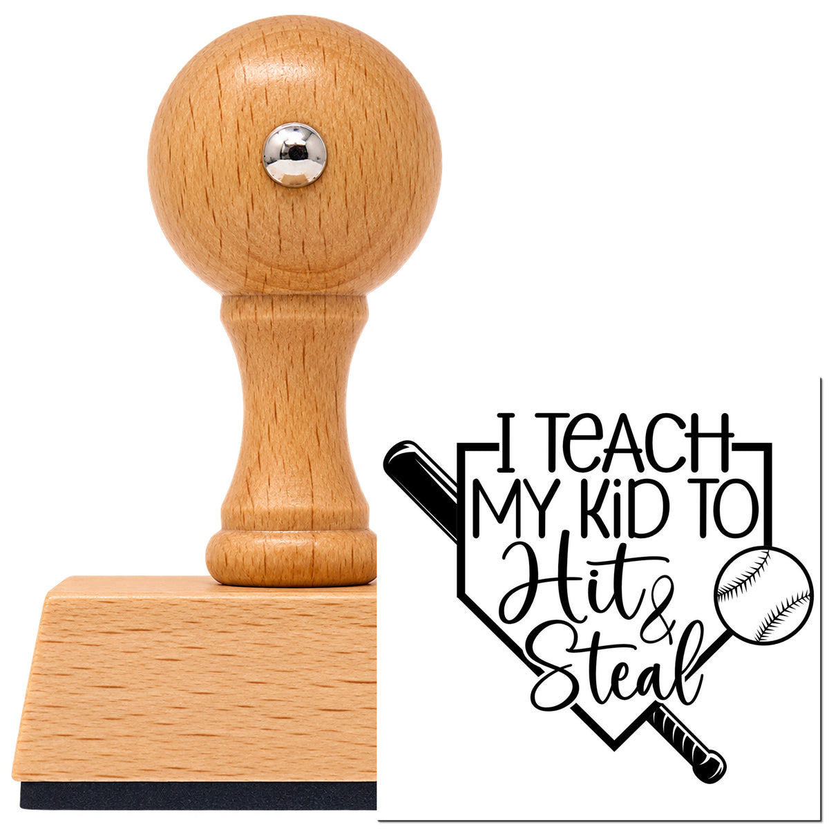 Hit & Steal Home Plate Vintage Pro rubber stamp in European beech wood with a round knob handle, shown beside its black imprint.