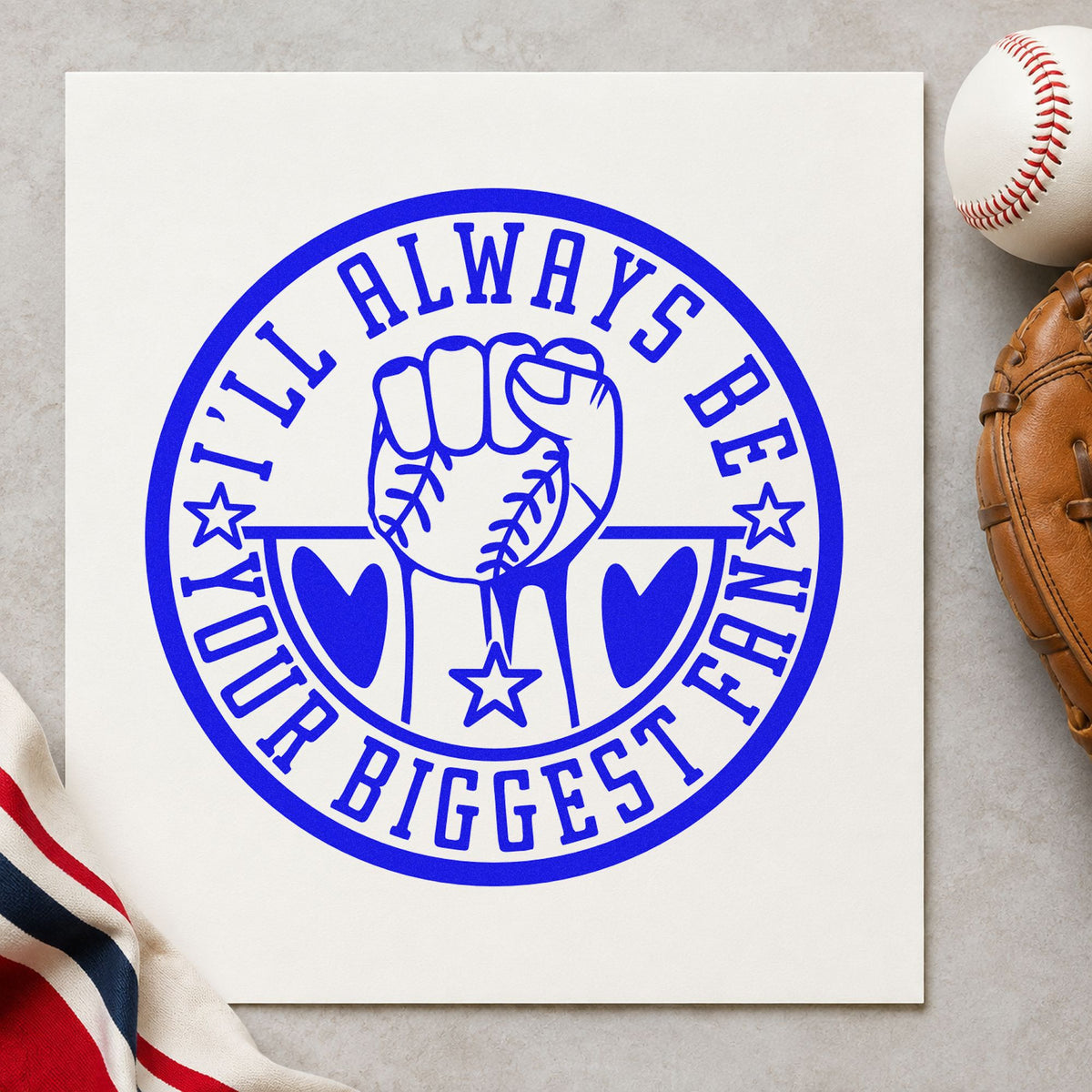 Biggest Fan Baseball Badge craft stamp in blue ink on cardstock, an easy option for long-distance notes.