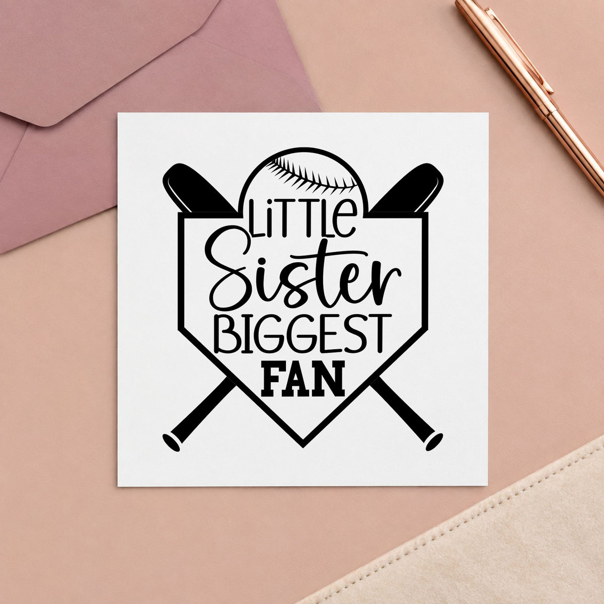 Little Sister Biggest Fan craft stamp in black ink on cardstock, an easy option for bleacher tees.