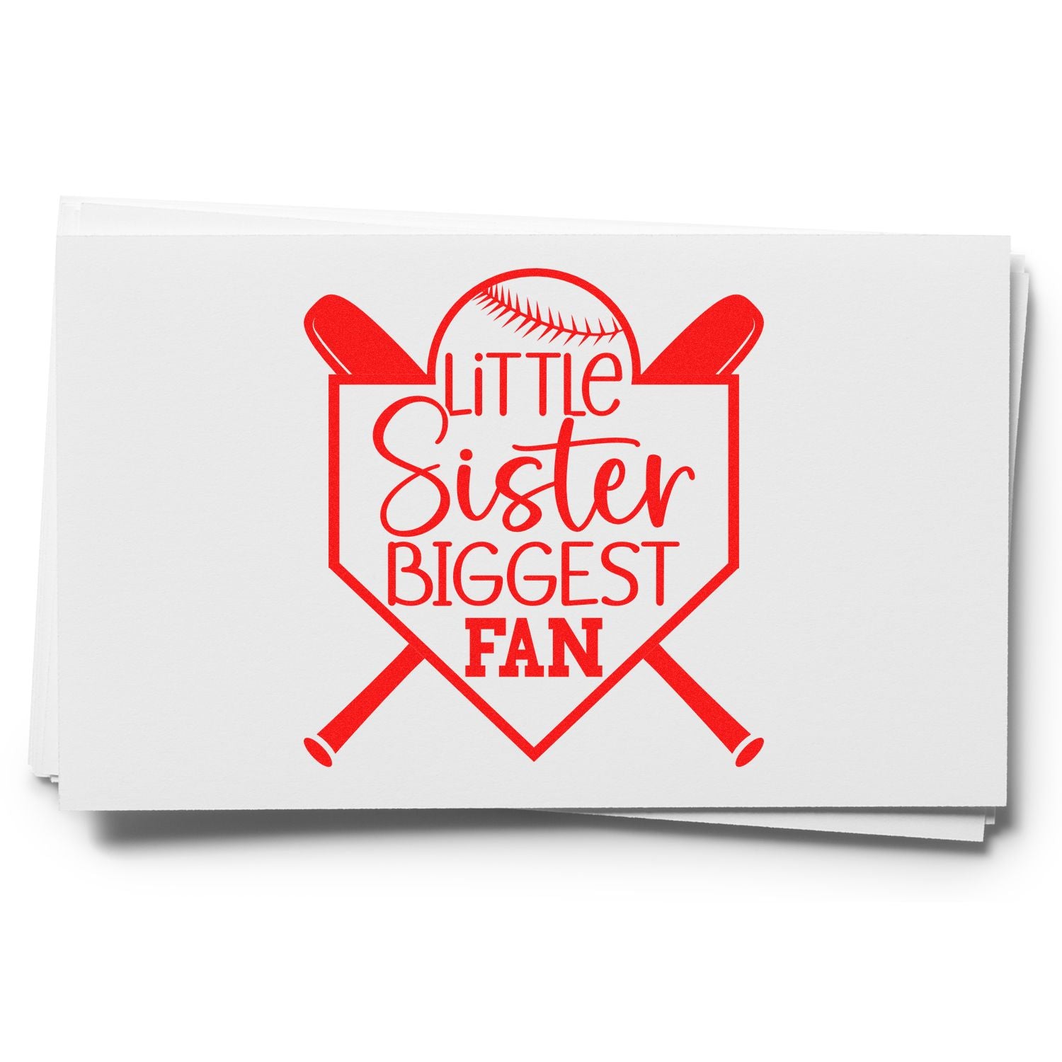 Custom baseball rubber stamp for little sister, featuring crossed bats and Biggest Fan lettering for sports gifts.