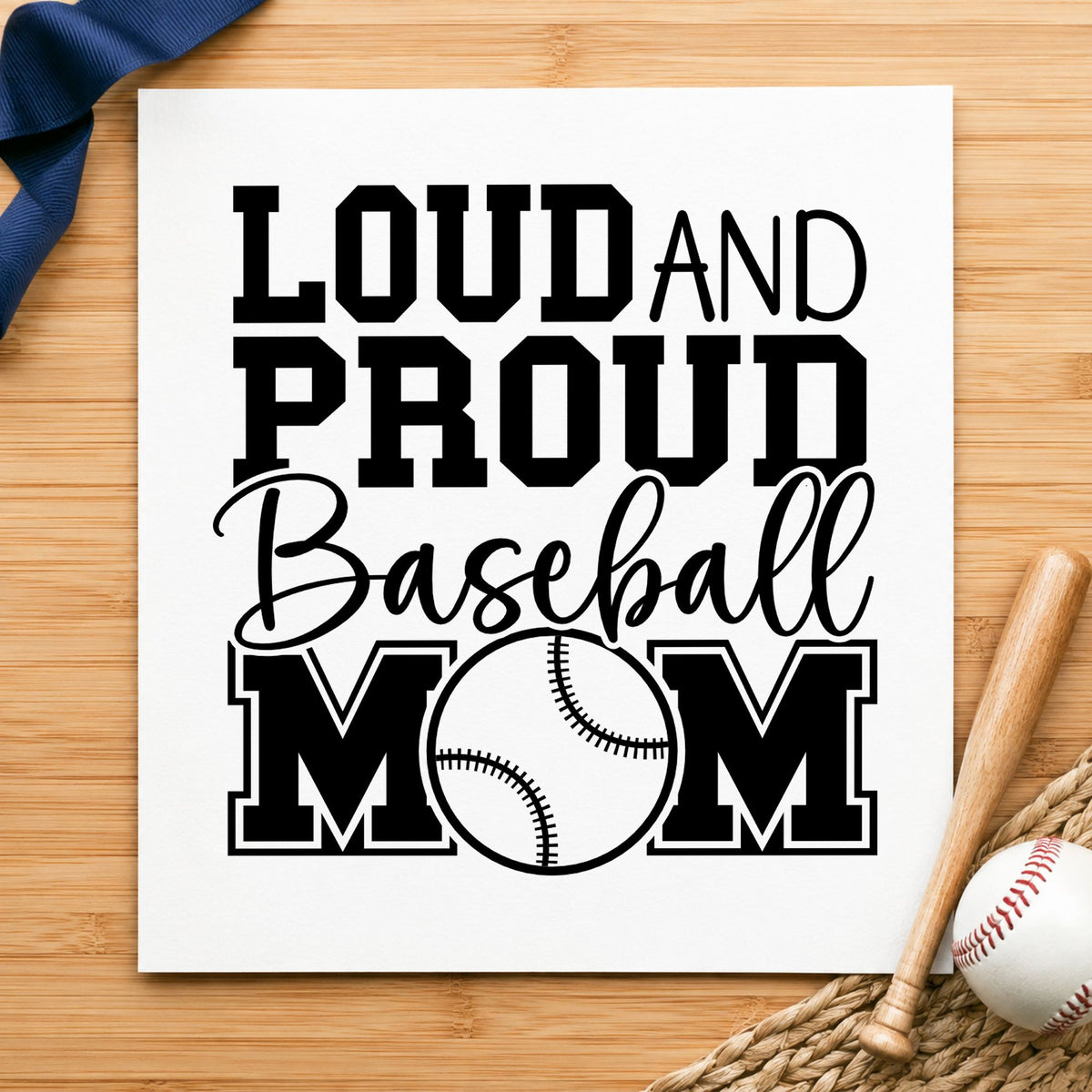 Loud and Proud Baseball Mom craft stamp imprint in black ink on a handmade project, one idea being team parent gift tags.