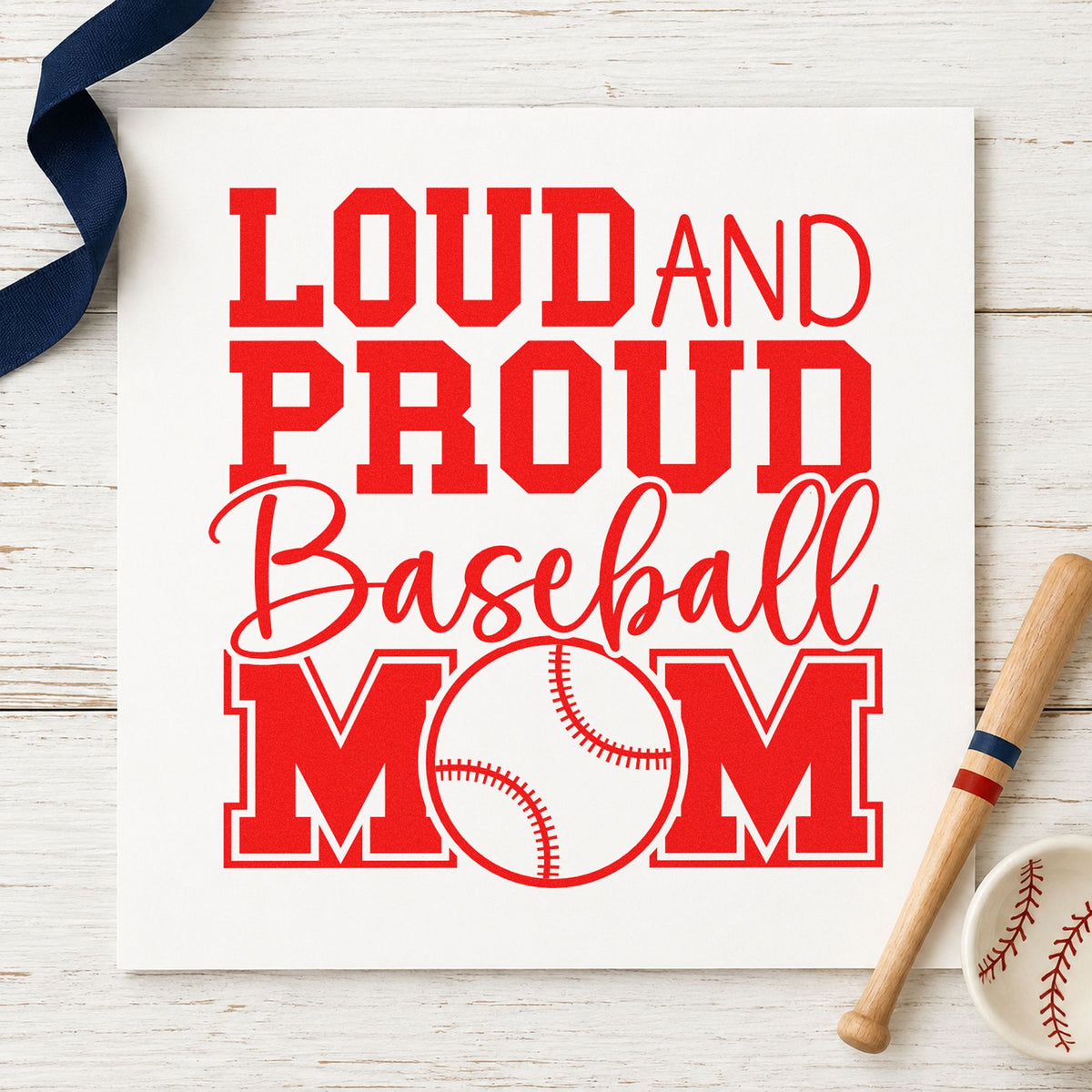 Loud and Proud Baseball Mom rubber stamp shown in red ink, stamped for projects such as tumbler gift sets.