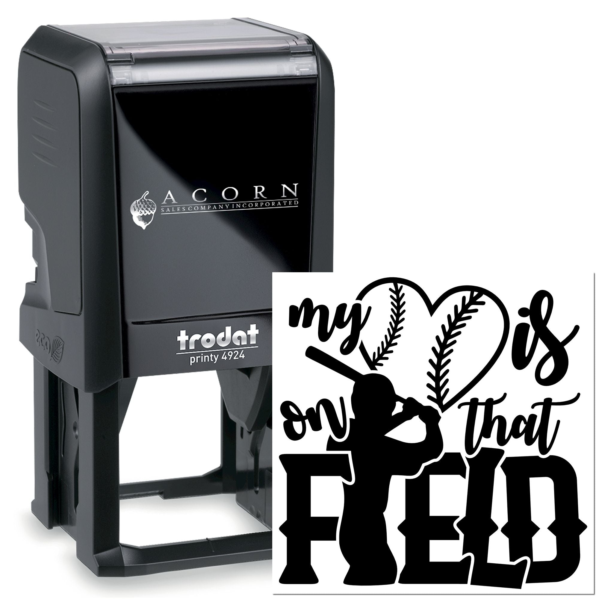 Custom self-inking Trodat rubber stamp with baseball-themed my heart is on that field design for sports fans.