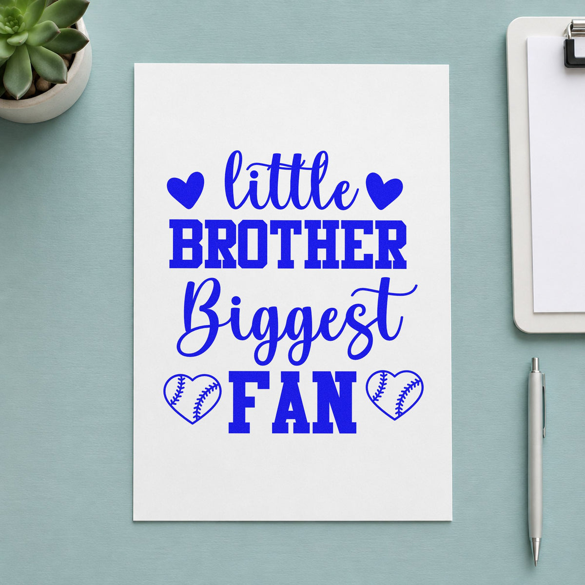 Little Brother Heart Fan craft stamp imprinted in blue ink on paper, a design suited to bedroom door signs.