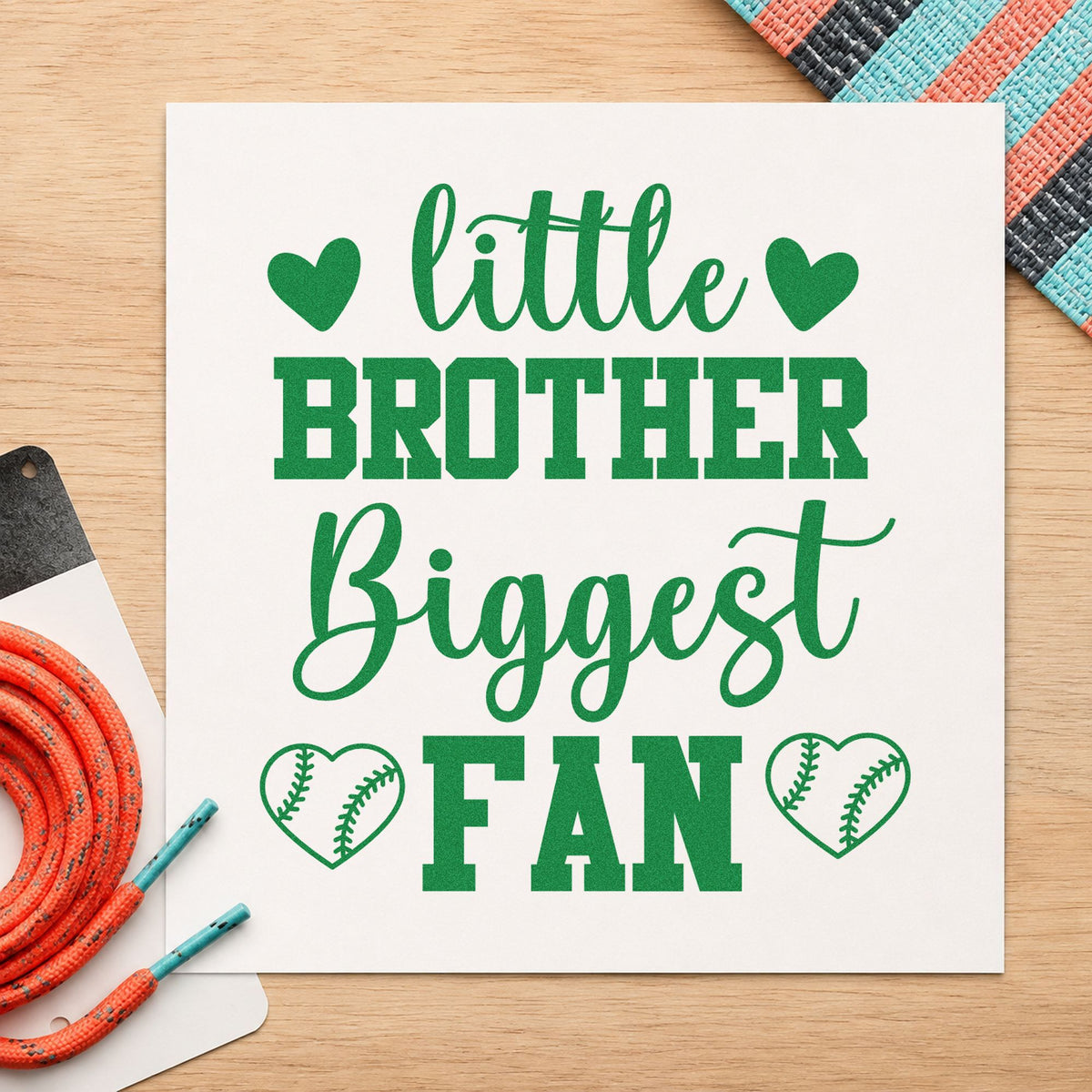 Little Brother Heart Fan craft stamp imprint in green ink on a handmade project, one idea being picture day frames.