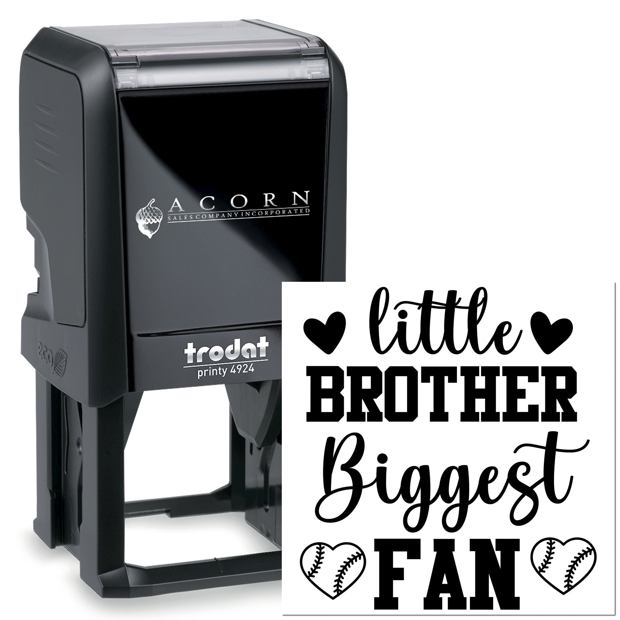 Custom self-inking rubber stamp with Little Brother Biggest Fan design, hearts, and baseball accents.