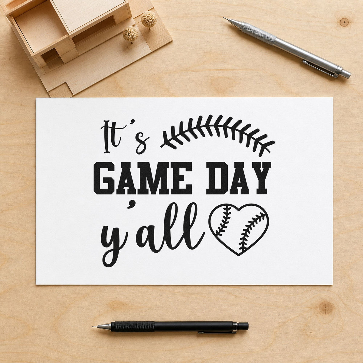 Game Day Y'all rubber stamp printed in black ink, ready for saturday scrapbooks and similar paper crafts.