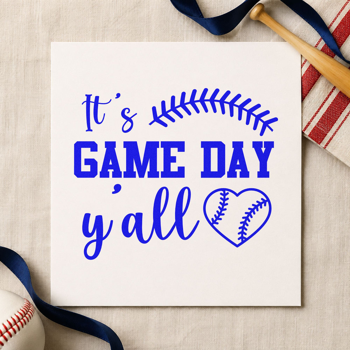 Game Day Y'all craft stamp in blue ink on cardstock, an easy option for koozie gift tags.