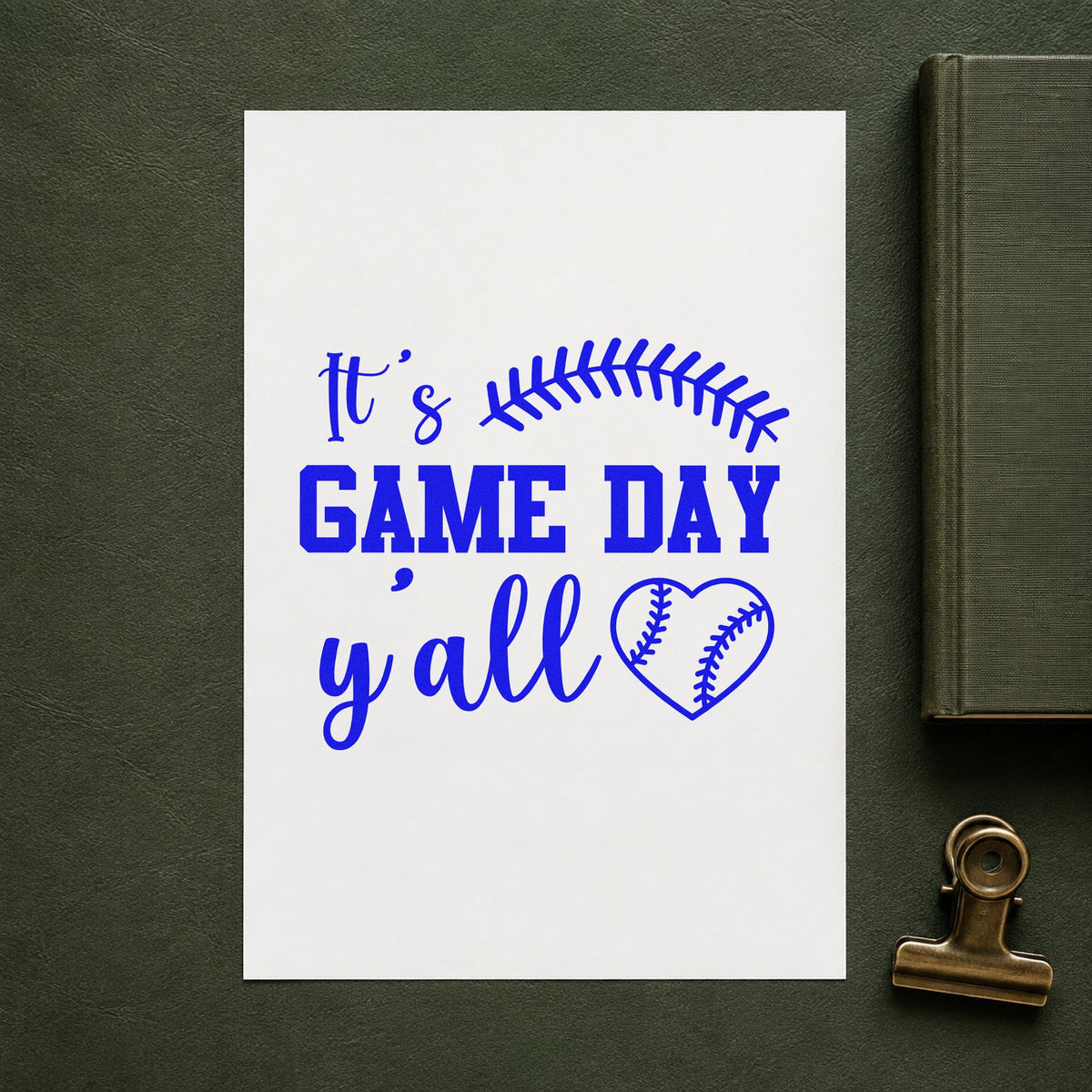 Game Day Y'all craft stamp imprinted in blue ink on paper, a design suited to team tees.