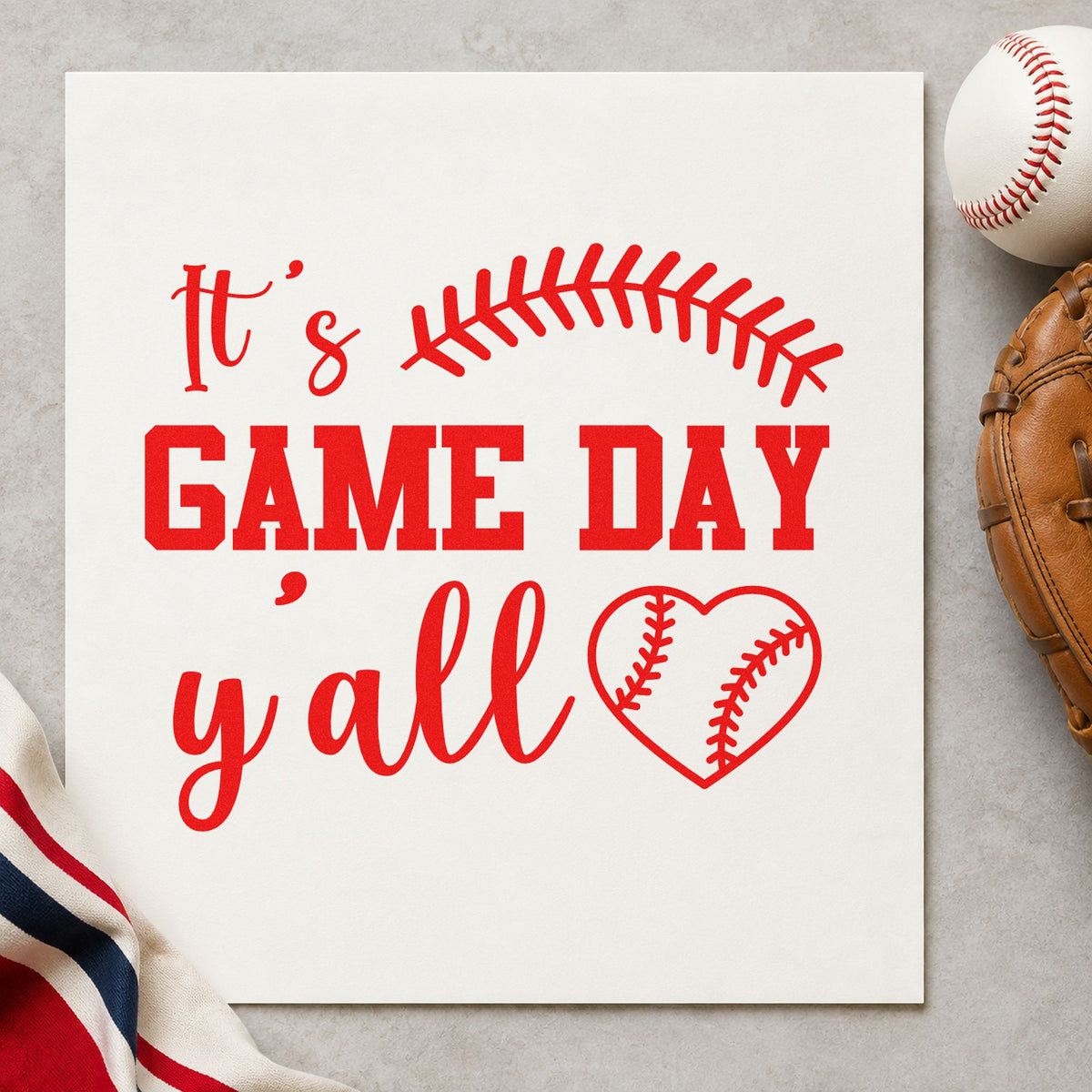 Game Day Y'all rubber stamp shown in red ink, stamped for projects such as cooler labels.