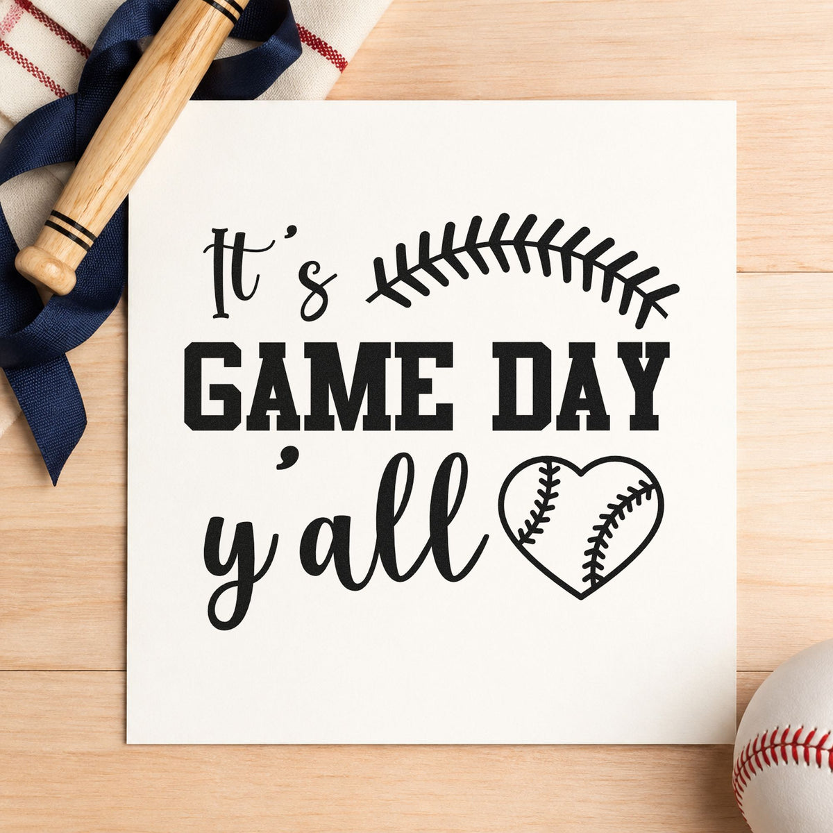 Game Day Y'all rubber stamp printed in black ink, ready for game day invitations and similar paper crafts.