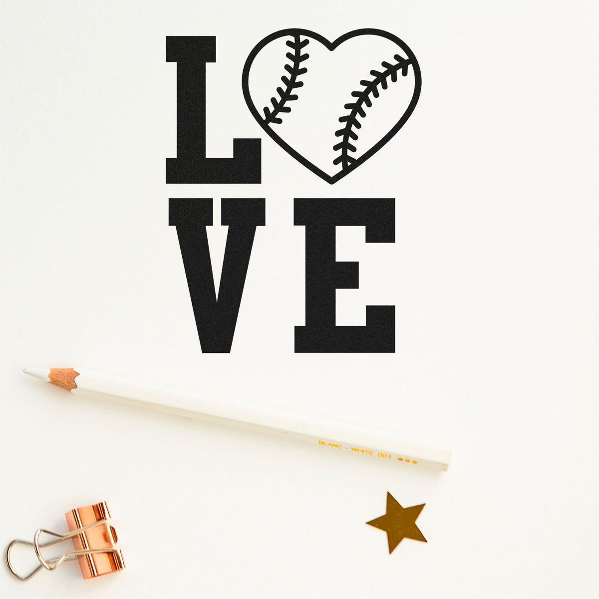 Baseball Heart Love Stamp - Premium Vintage Pro Wooden imprint stamped in black ink. The word "Love" forms a square with a stitched baseball heart replacing the O.