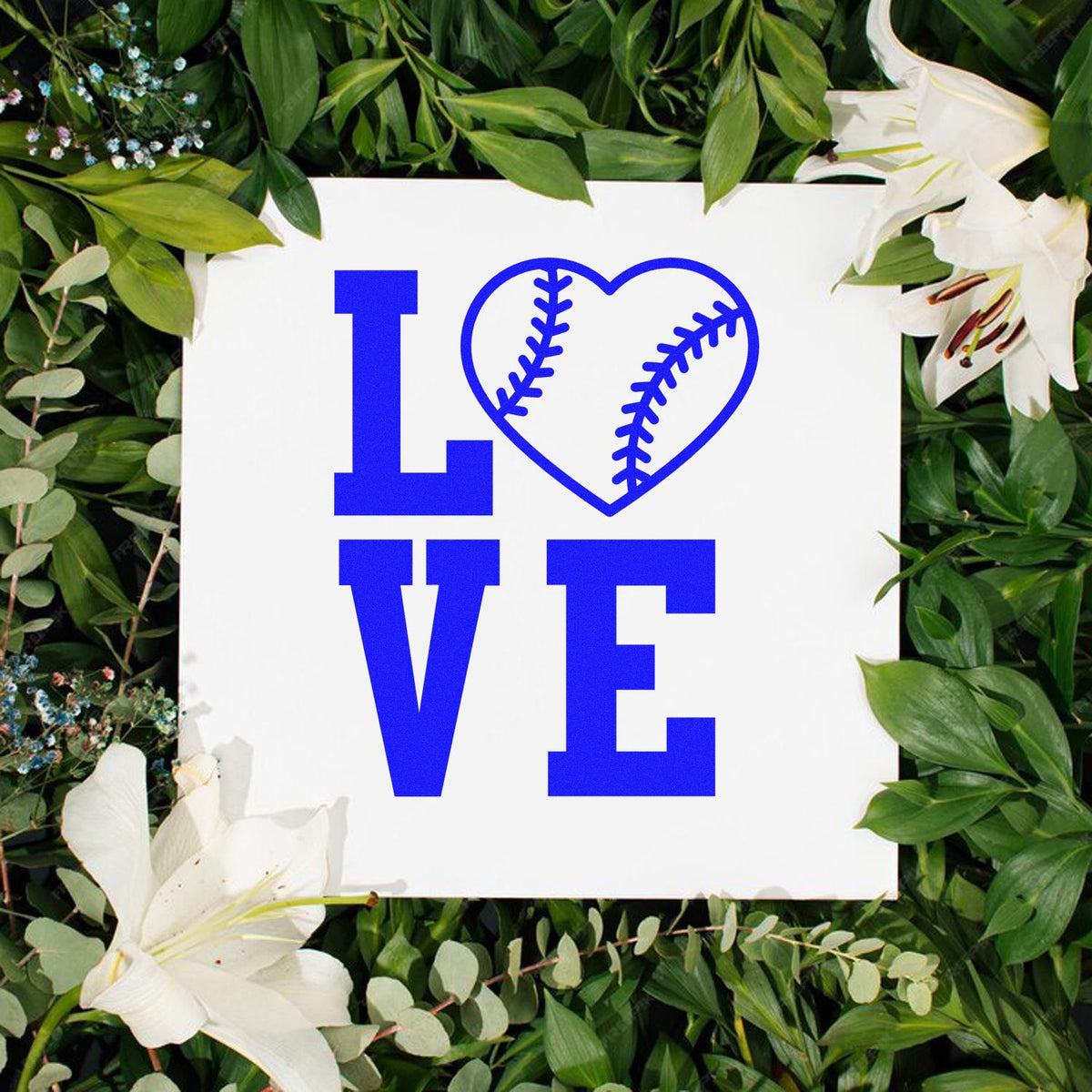 Baseball Heart Love rubber stamp shown in blue ink, stamped for projects such as anniversary cards.