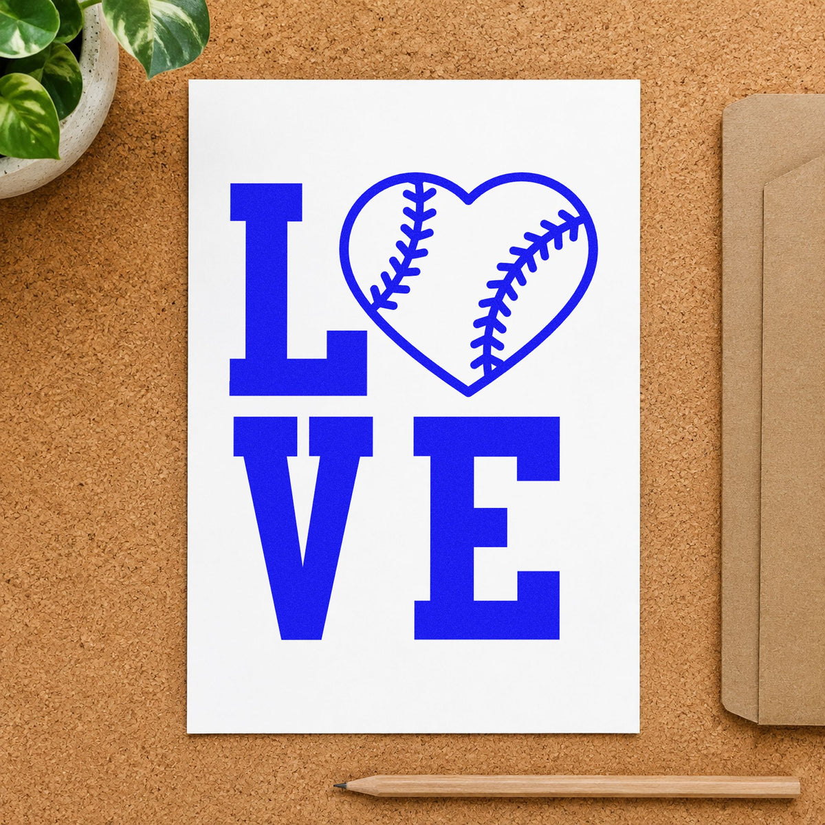 Baseball Heart Love craft stamp imprinted in blue ink on paper, a design suited to coaster crafts.
