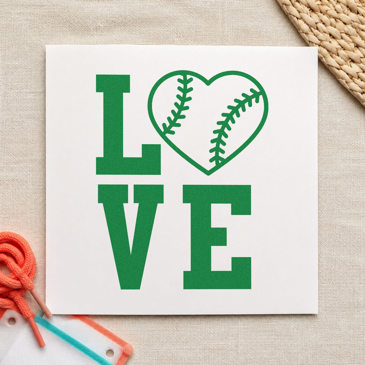 Baseball Heart Love craft stamp imprint in green ink on a handmade project, one idea being love note envelopes.