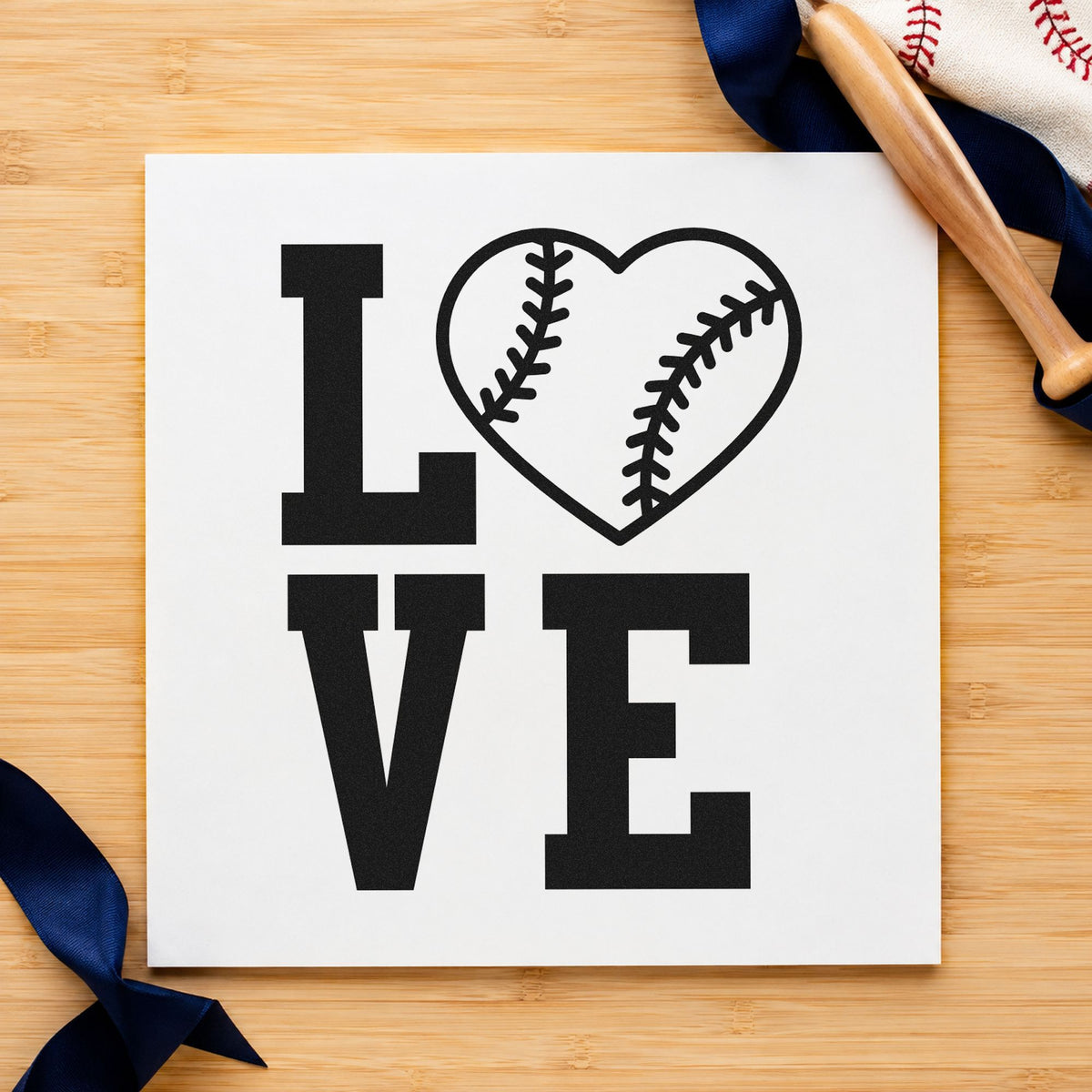 Baseball Heart Love rubber stamp printed in black ink, ready for valentine's day cards and similar paper crafts.