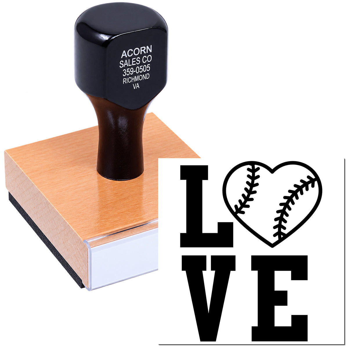 Custom rubber stamp for baseball fans with I Love design and heart baseball graphic, ideal for sports crafts and branding.