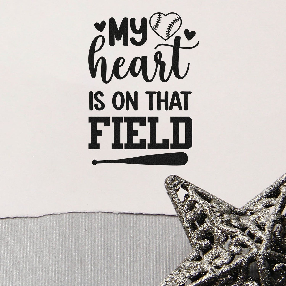 Heart On The Field Bat Premium Wood-Mounted Stamp - Vintage Pro imprint stamped in black ink. Hearts and a baseball heart sit above "My heart is on that field," with a bat underneath.
