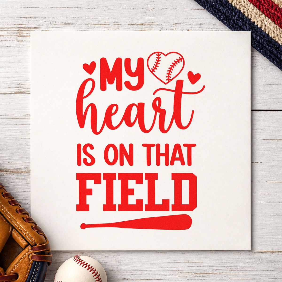 Heart on the Field Bat rubber stamp shown in red ink, stamped for projects such as game day tees.