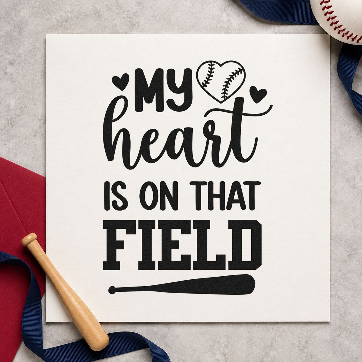 Heart on the Field Bat rubber stamp printed in black ink, ready for parent cards and similar paper crafts.
