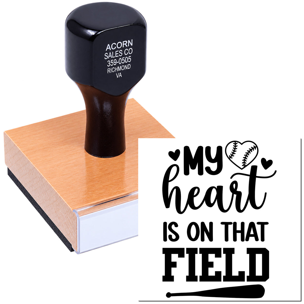 Personalized baseball rubber stamp with My Heart Is on That Field design for sports-themed crafts and gifts