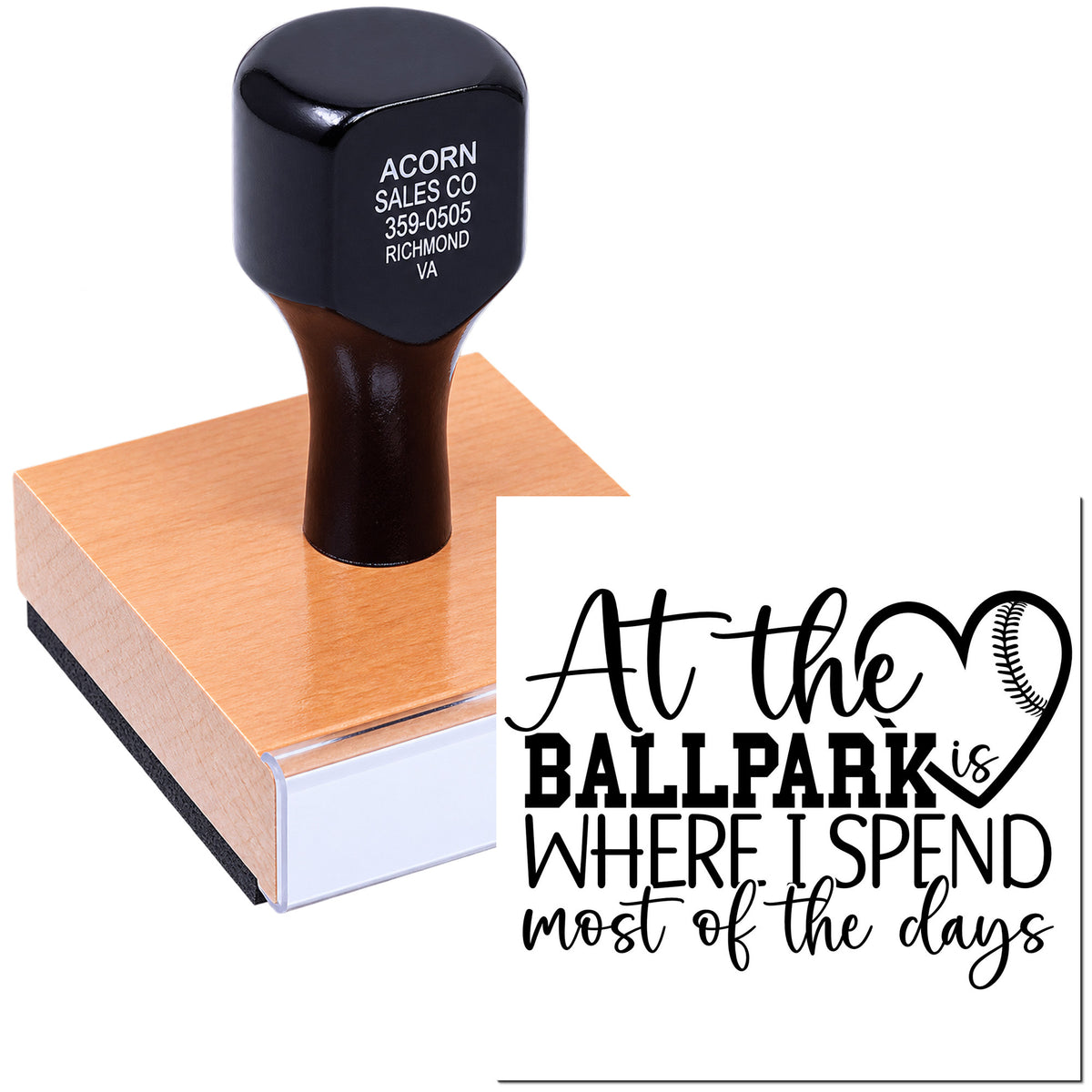 Custom rubber stamp on stamp pad with baseball-themed At the Ballpark is where I spend most of the days design.