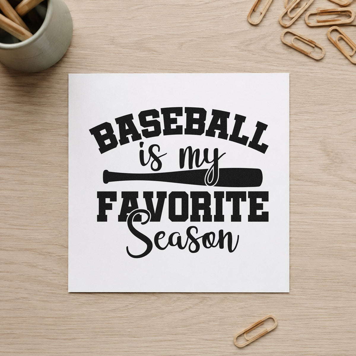 Favorite Baseball Season craft stamp in black ink on cardstock, an easy option for spring scrapbook pages.