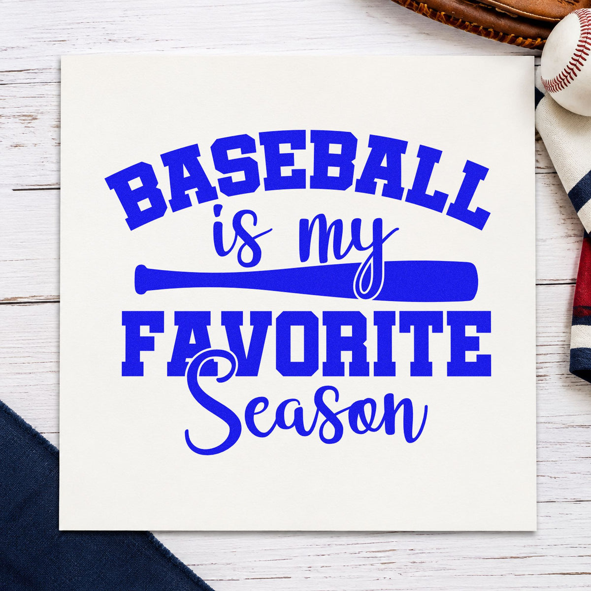 Favorite Baseball Season craft stamp in blue ink on cardstock, an easy option for tote bag printing.