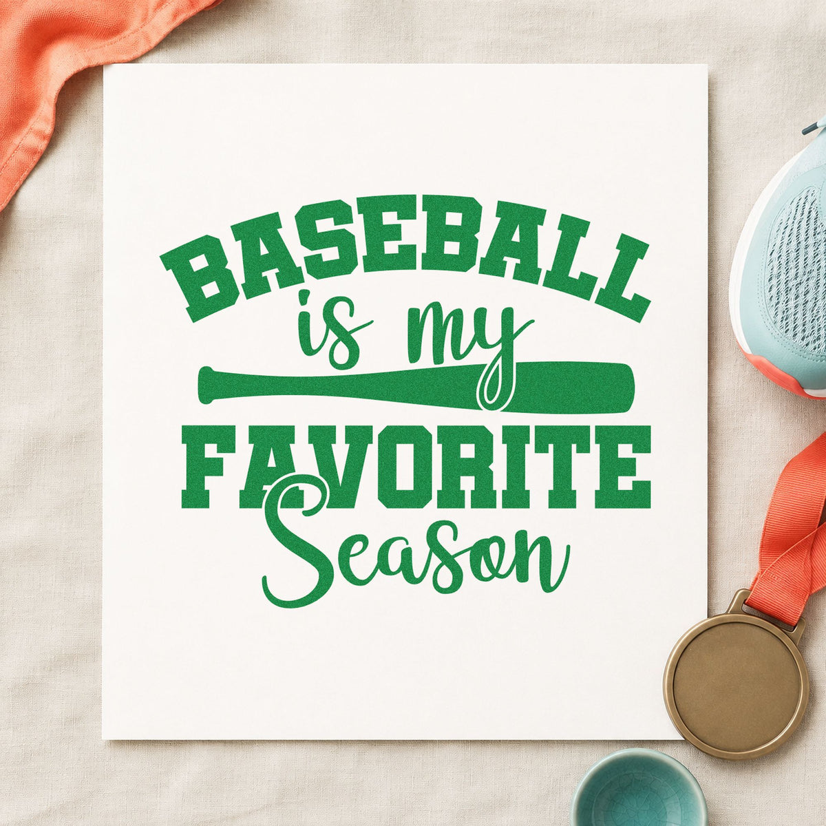 Favorite Baseball Season craft stamp imprint in green ink on a handmade project, one idea being kitchen calendar marks.