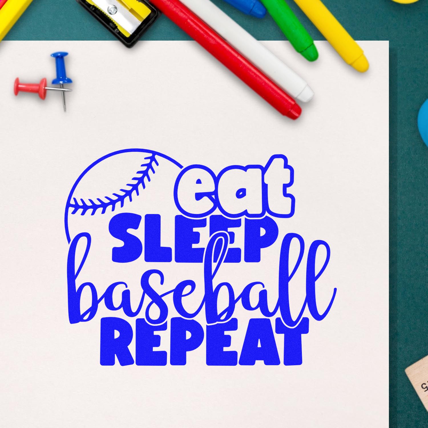 Baseball rubber stamp design with eat sleep baseball repeat text for sports-themed crafting and personalized projects.