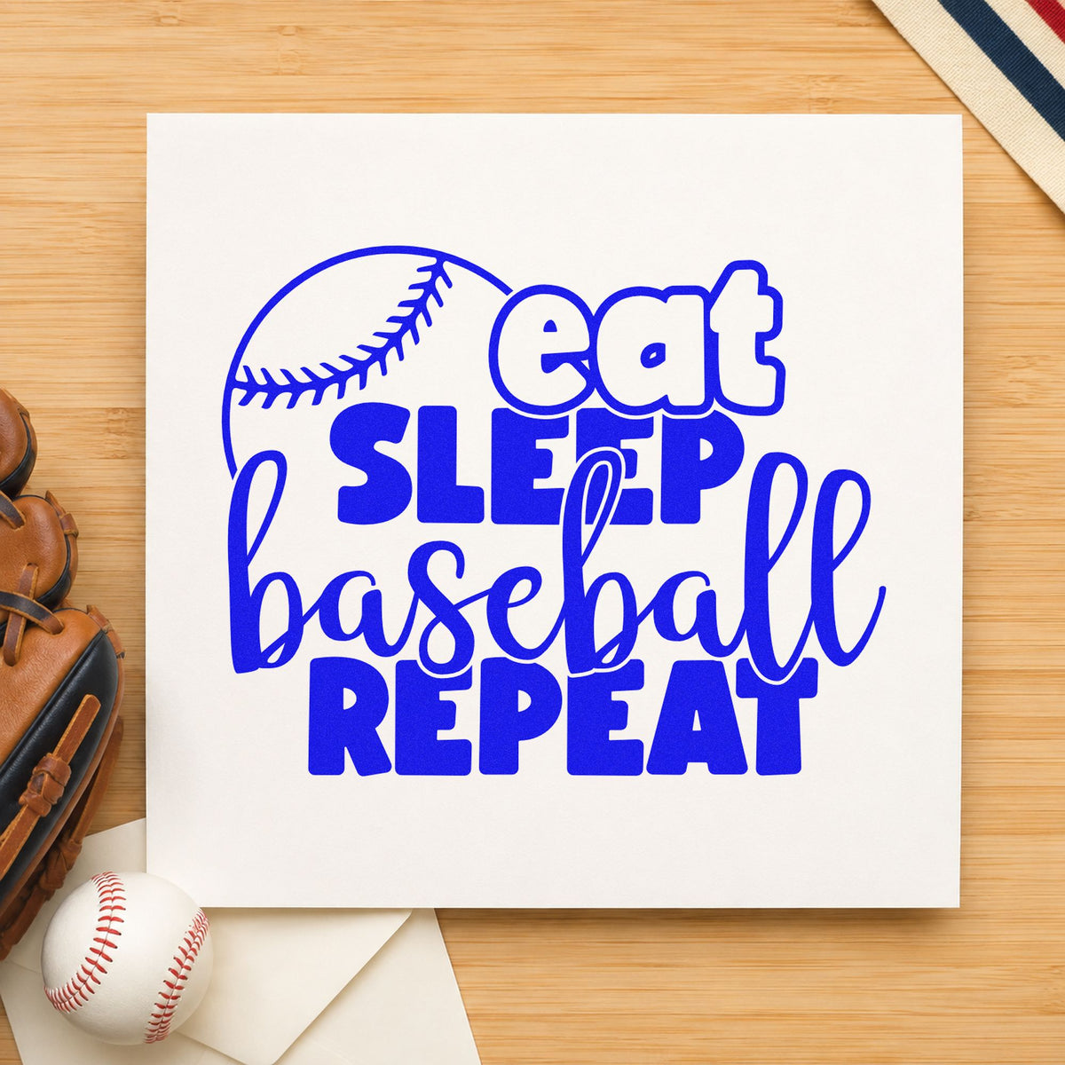 Eat Sleep Baseball Round craft stamp in blue ink on cardstock, an easy option for poster board crafts.