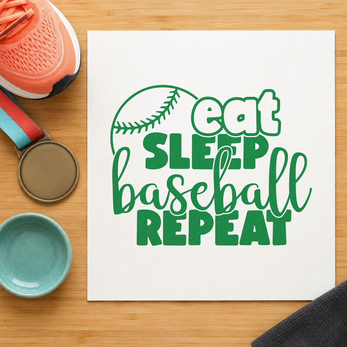Eat Sleep Baseball Round craft stamp imprint in green ink on a handmade project, one idea being kraft gift bags.