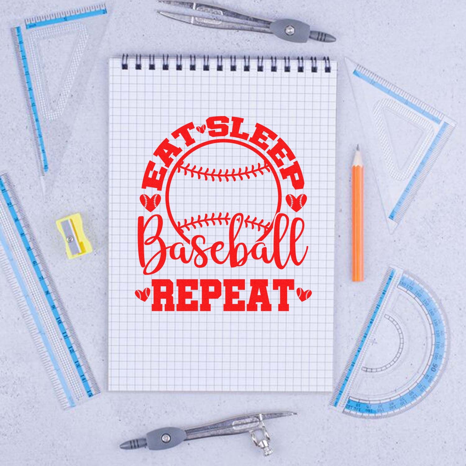 Eat Sleep Baseball Repeat rubber stamp design in red on notebook paper, perfect for baseball-themed crafts and custom stamps.