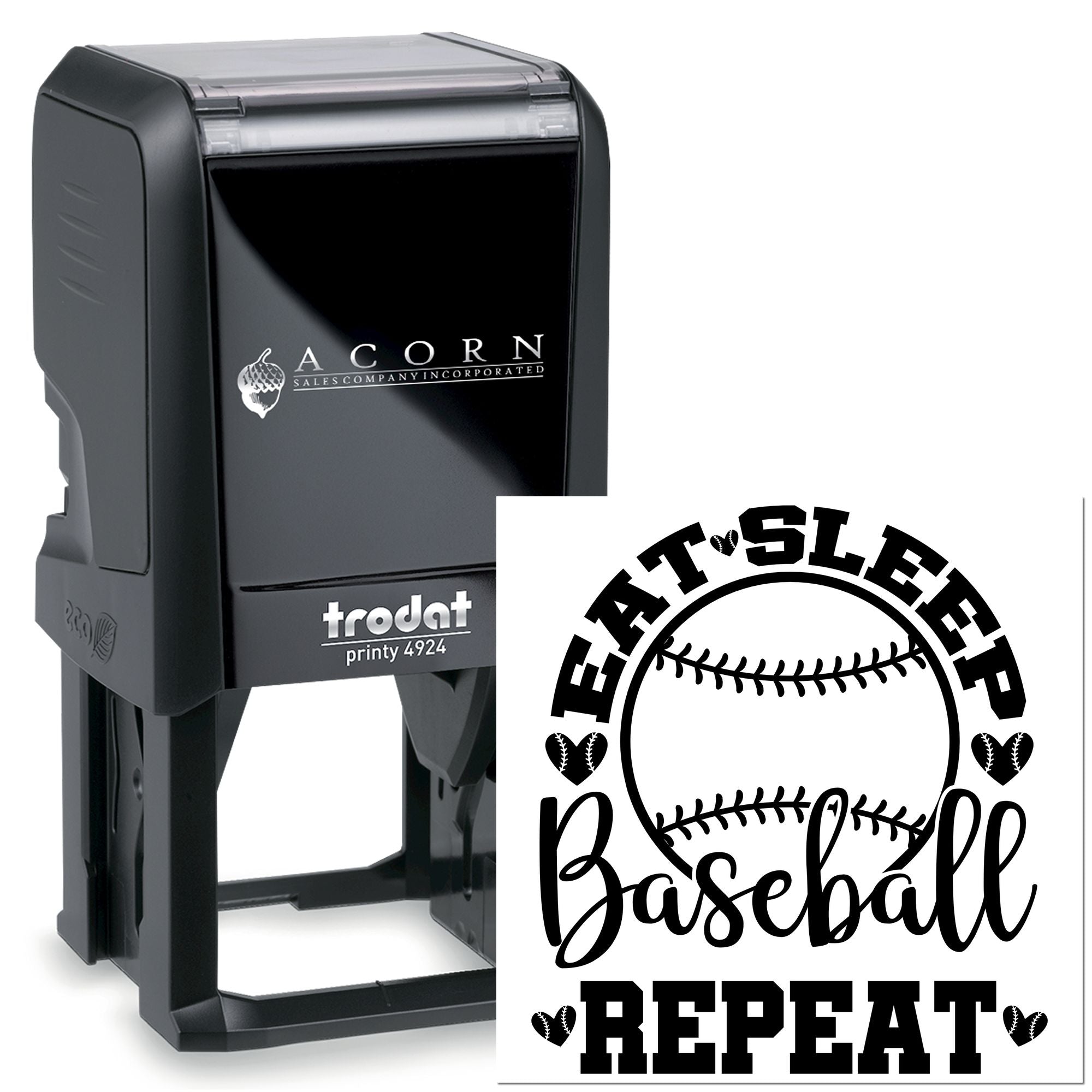 Custom self-inking baseball rubber stamp with Eat Sleep Baseball Repeat design for team crafts and fan branding.