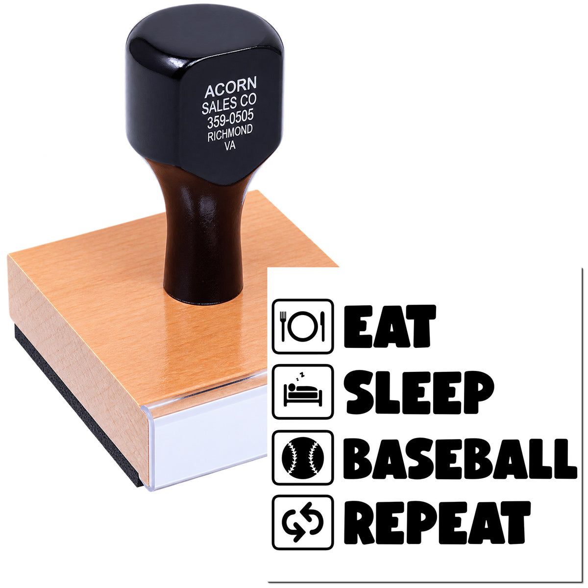 Custom rubber stamp with Eat Sleep Baseball Repeat design for baseball fans and sports-themed crafts.
