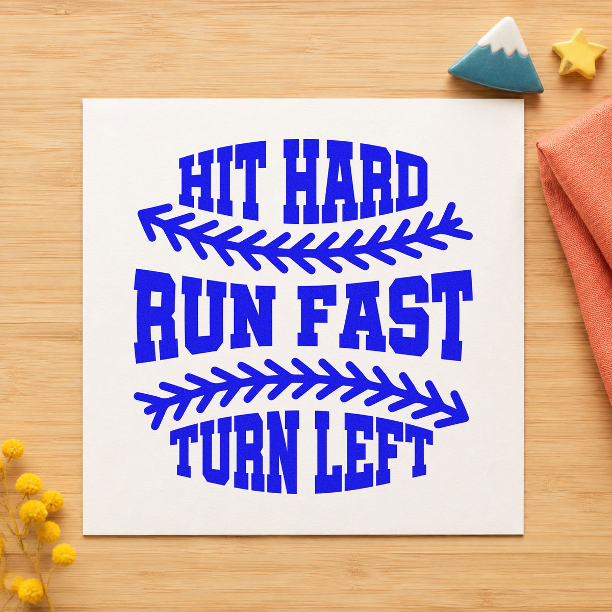 Hit Hard Run Fast craft stamp imprinted in blue ink on paper, a design suited to coach thank-you cards.