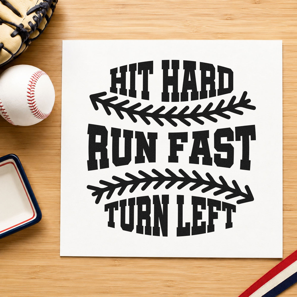 Hit Hard Run Fast rubber stamp printed in black ink, ready for player motivation cards and similar paper crafts.