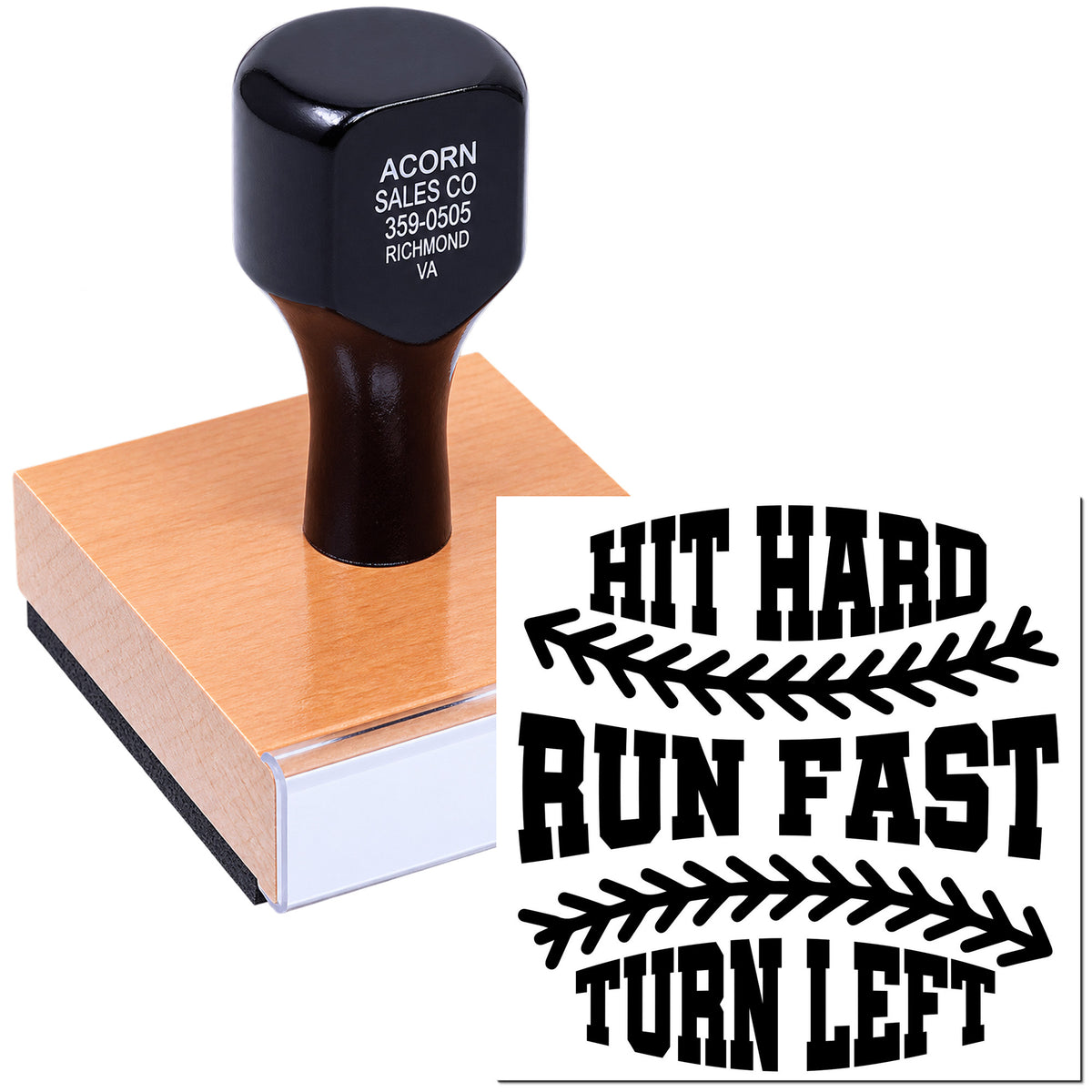 Custom rubber stamp with Hit Hard Run Fast Turn Left baseball slogan for team crafts, cards, and fan projects.