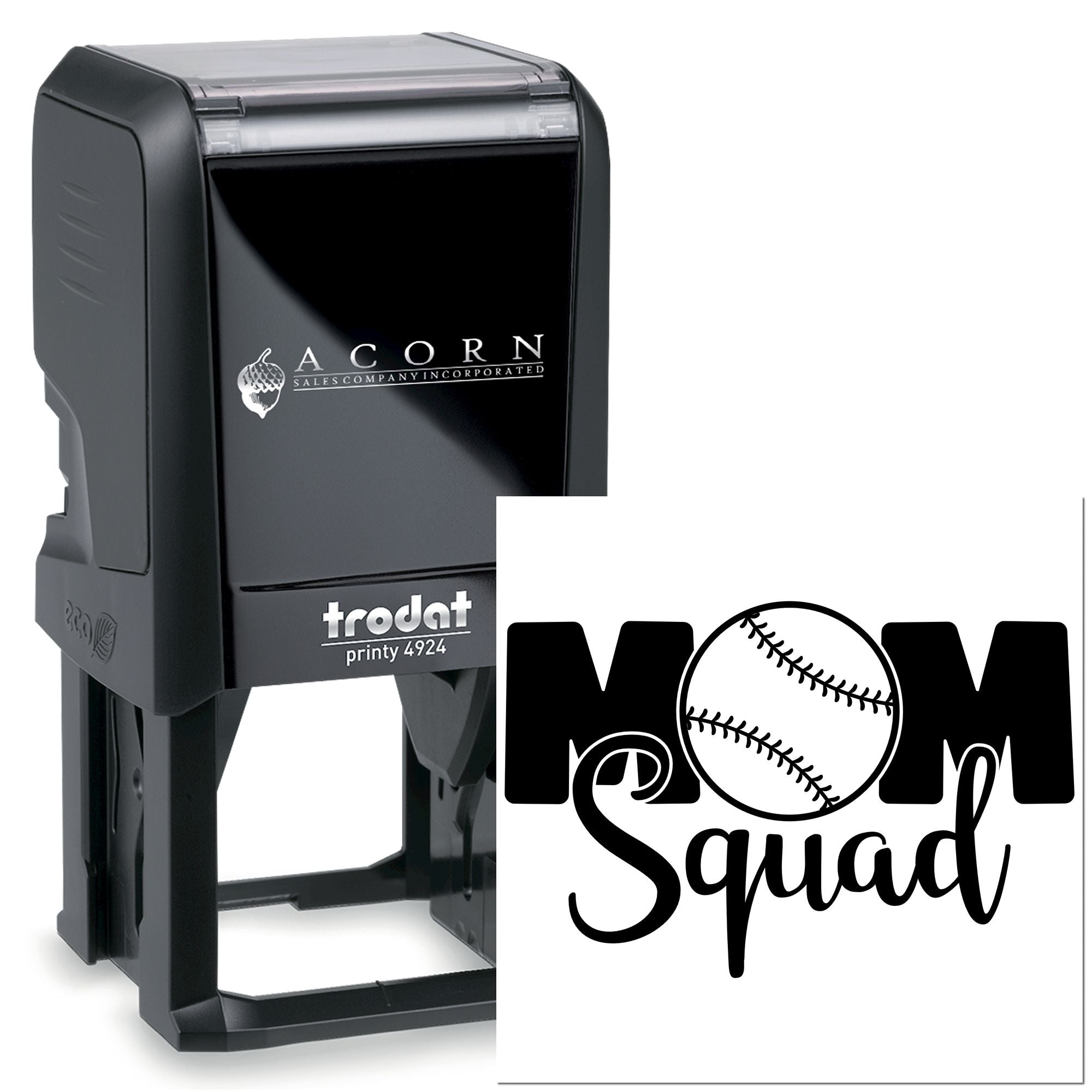 Custom self-inking rubber stamp with Mom Squad softball design, ideal for personalized sports team crafts and branding.