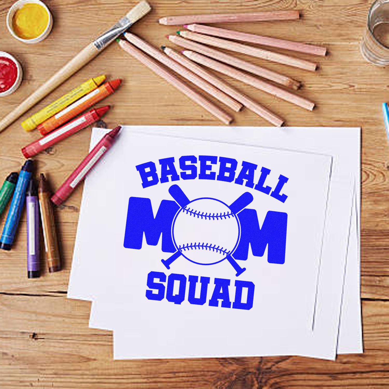 Baseball Mom Squad rubber stamp design mockup on paper with art supplies and colored pencils