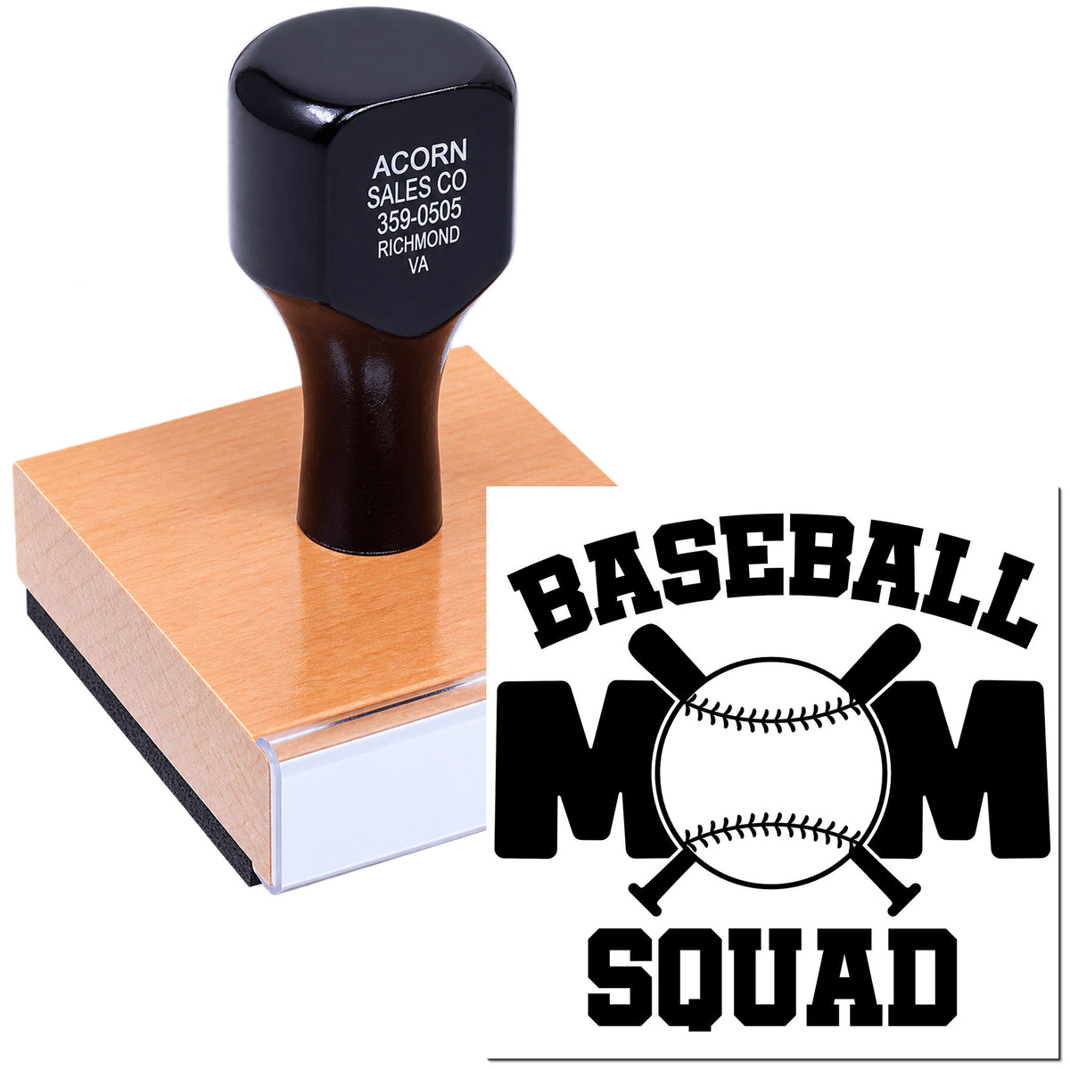 Custom baseball mom squad rubber stamp with baseball and bats, perfect for team spirit crafts and fan merchandise.