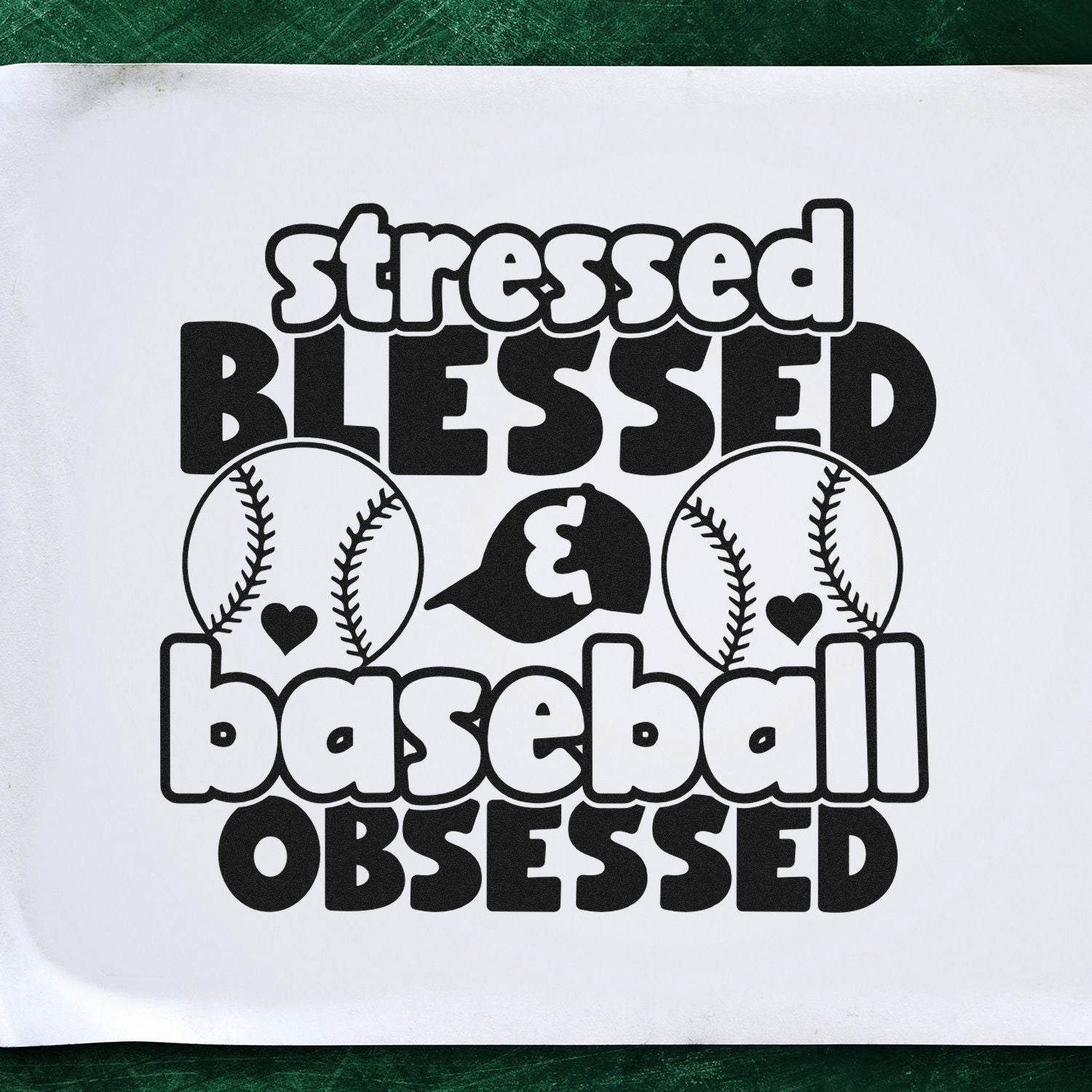 Baseball rubber stamp design reading stressed blessed baseball obsessed with baseball and heart graphics.