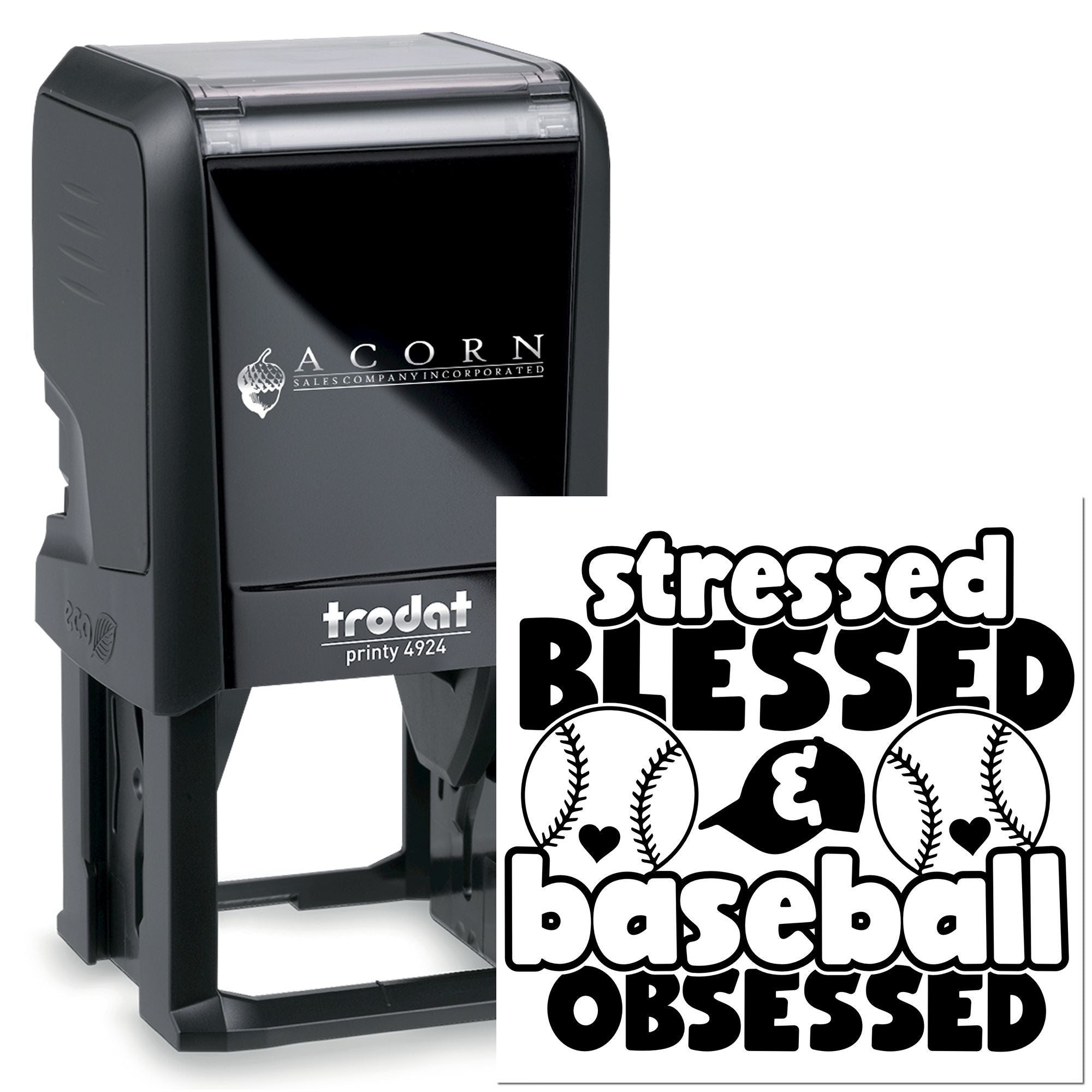 Trodat Printy self-inking rubber stamp with custom baseball design reading stressed blessed baseball obsessed for personalized stamping.