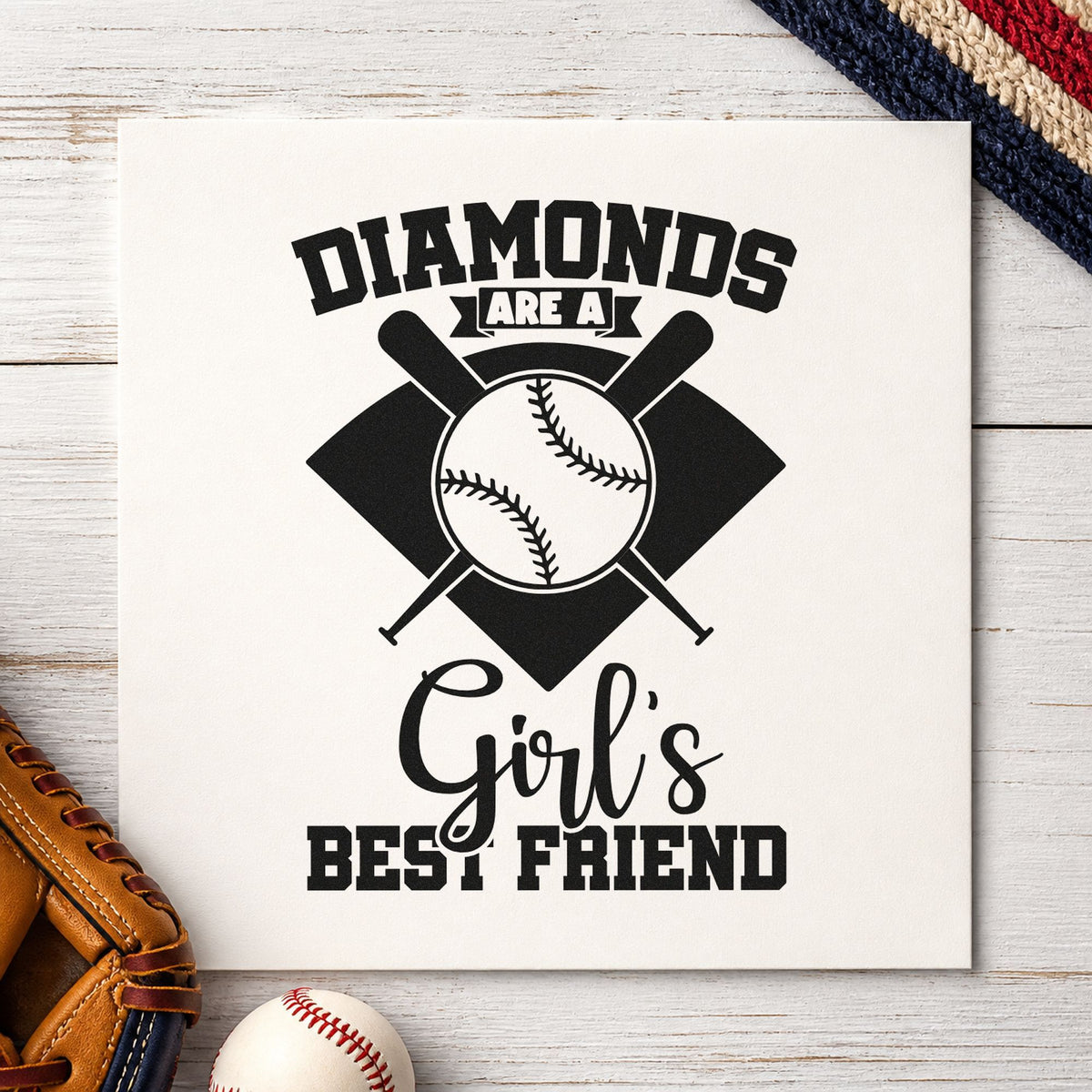 Diamonds Are a Girl's Best Friend craft stamp imprint in black ink on a handmade project, one idea being scrapbook title pages.