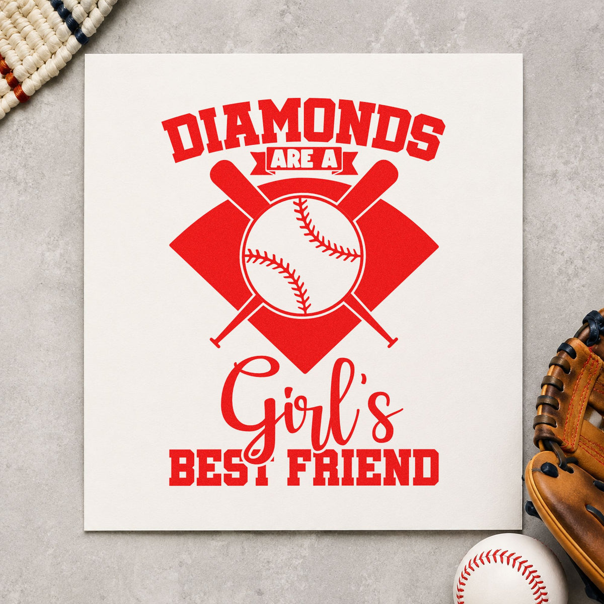 Diamonds Are a Girl's Best Friend rubber stamp shown in red ink, stamped for projects such as bedroom wall art.